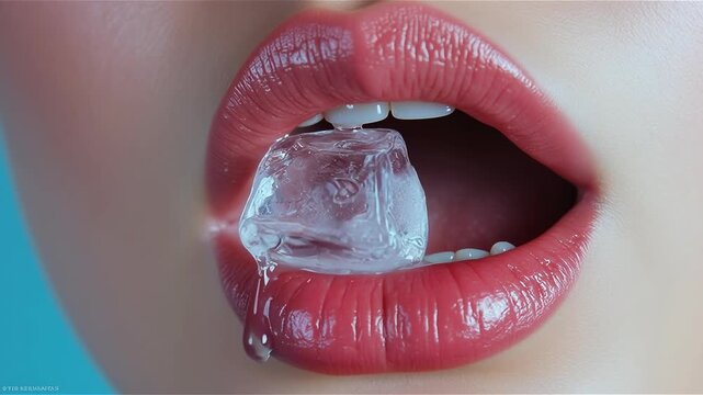 Refreshing Sensation: Ice Cube on Luscious Lips