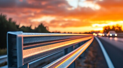 A tranquil scene of a sunset reflecting off the wet railings of an overpass as cars pass below in the distance.