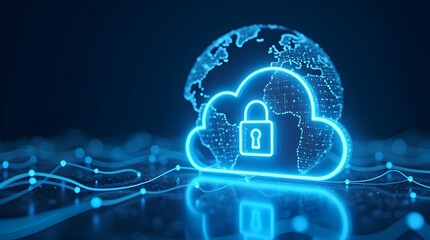 Secure cloud computing concept with lock and global network, representing data protection, encrypted storage, cybersecurity infrastructure and modern digital cloud technology services
