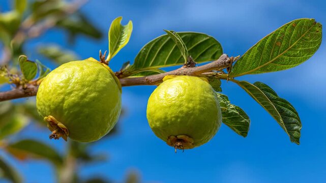 Fresh green guavas hanging from tree branch with leaves and blue sky background