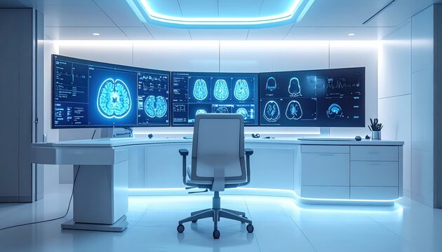 Medical workstation displaying brain scans with AI technology - Powered by Adobe