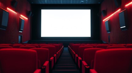 Fototapeta premium An interior shot of an empty movie auditorium with rows of chairs facing a white screen
