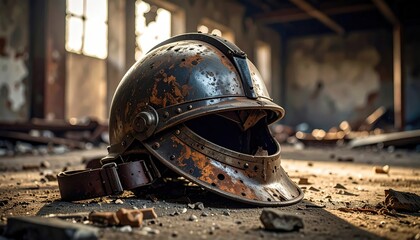 Tarnished Helmet Resting On Crumbling Concrete Inside Derelict Building