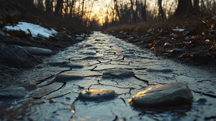 Dry cracked riverbed stones form a textured path through a bare forest landscape at sunset