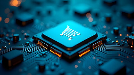 Smart ai commerce processor chip on modern circuit board with shopping cart icon, representing digital retail technology, online transactions, data processing and e commerce innovation systems