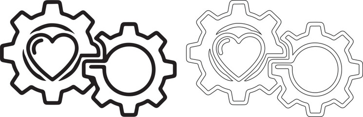 Black and gray gear icons with heart shapes in the center