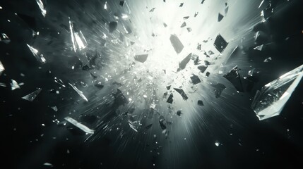 Jagged shards of broken glass explode outwards reflecting intense ambient light in a dramatic abstract burst