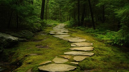A winding stone path covered in green moss leads through a dense and tranquil forest with tall trees