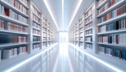 Obraz premium Modern library interior showcasing rows of books and bright lighting
