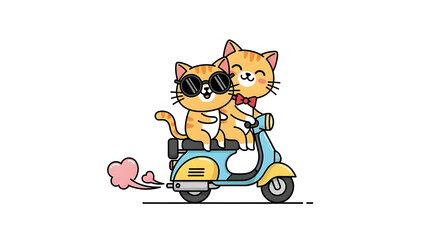 Obraz premium Striped cat couple riding light blue and yellow vintage scooter smiling romantic journey illustration