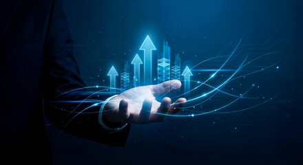 Businessman holding growth graph of business. Successful business, growth strategy and achieving goals with the rising arrow. Business strategy development and growing growth plan.