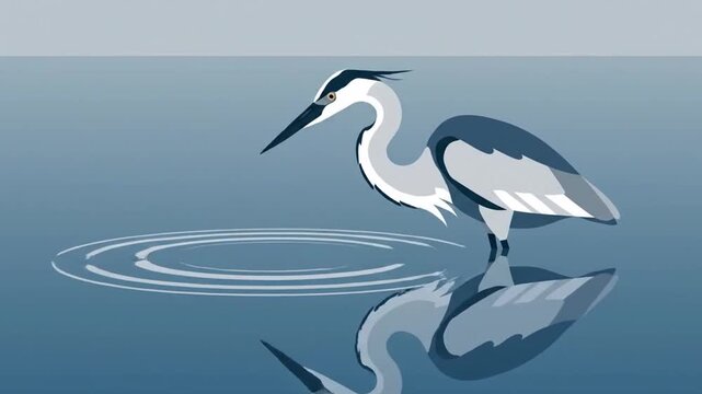 Elegant Heron Drinking Sequence In Peaceful Water With Smooth Reflections Animation