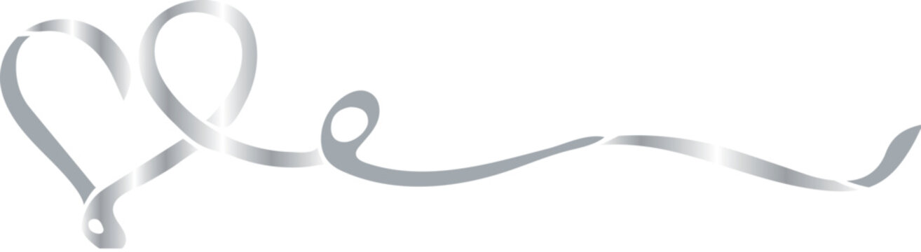thin silver ribbon with a long tail folded into a heart shape, for the design of postcards, banners or posters