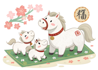 Kawaii Lucky White Horse Family with Foals Cherry Blossom Illustration horse, foals, family, kawaii, cute, lucky, fortune, 福, cherryblossom, spring, blossom, pink, white, unicorn, mane, bell, collar, 