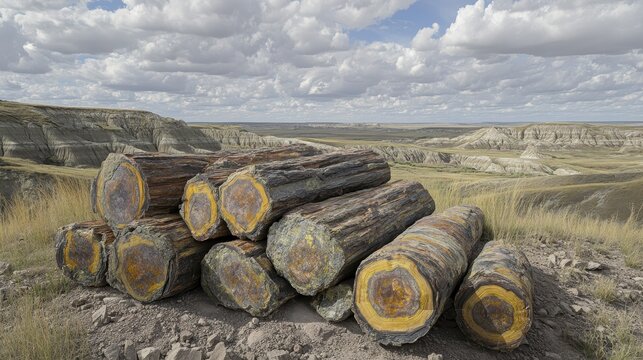 Stack of ancient petrified wood logs revealing fossilized tree rings in a barren outdoor landscape under a cloudy sky