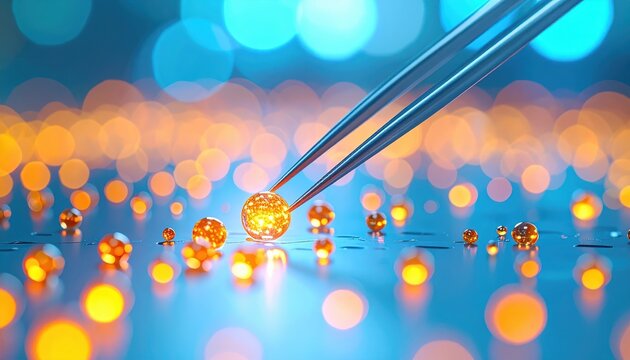 Robotic tweezers manipulating glowing nanoparticles for medical purposes - Powered by Adobe