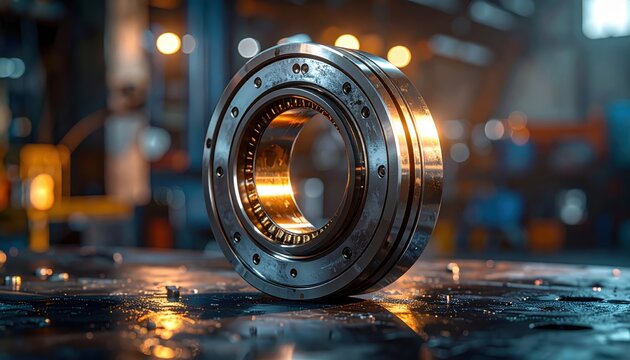 Shiny metal bearing assembly on a dark workbench