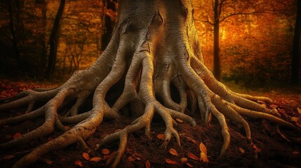 The gnarled exposed root system of an ancient decaying tree gripping the earth in autumn forest light