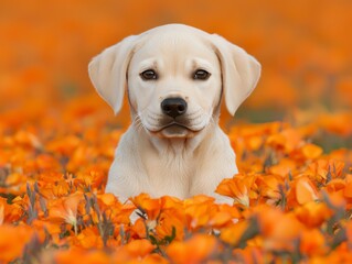 A cute puppy surrounded by vibrant orange flowers in a sunny field.