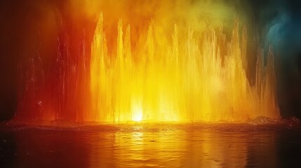 Vibrant colored water fountain spraying light in abstract patterns on a dark background with reflections