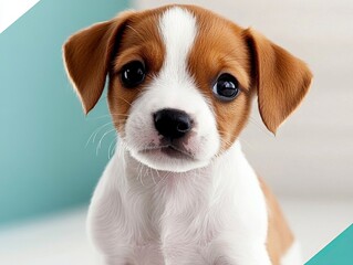 A cute puppy with brown and white fur, looking curiously at the camera.
