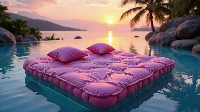 Double bed floating in the pool, comfortable mattress and pillows, tranquility and beauty of sunset, summer vacation concept. 
