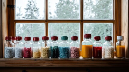 Row of Colorful Chemical Reagents in Stoppered Bottles