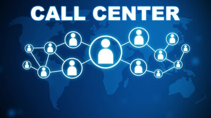 Call Center concept on blue background with world map and social icons. Social network connections, Connected people nodes, and global communication concept. 4K video animation - Powered by Adobe