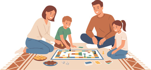 Happy family with two children playing board game together on the floor at home vector illustration