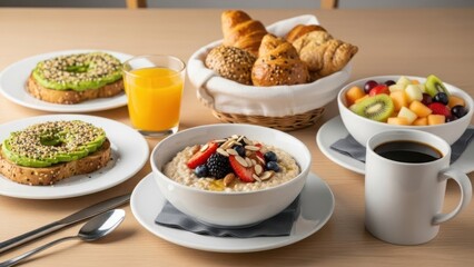 Delicious breakfast spread with oatmeal, toast, croissants, and fresh fruit on a table