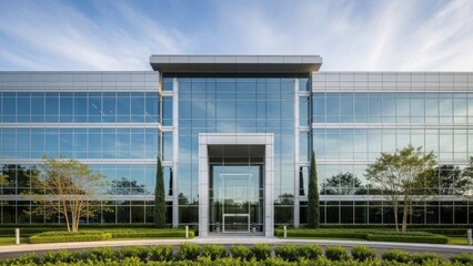 Modern office building with glass facade and entrance