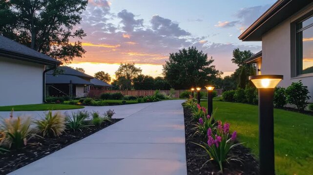 Scenic driveway lined with illuminated bollard lights at sunset, creating a warm and inviting ambiance.