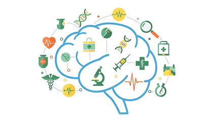 A medical illustration of a brain with various health symbols and icons