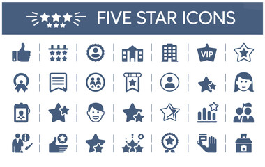 Obraz premium five star icon set, satisfaction, review and rating symbols, premium quality feedback, excellence and best service concepts, solid vector icons collection.
