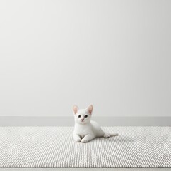 A cute white kitten resting on a textured rug in a minimalistic space.