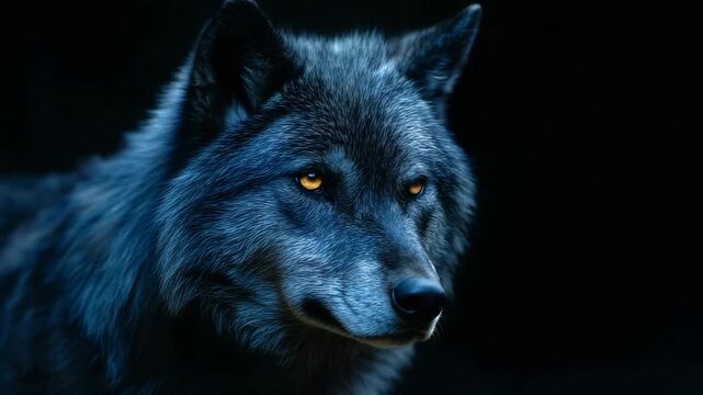Closeup portrait of a wolf with yellow eyes on a dark background