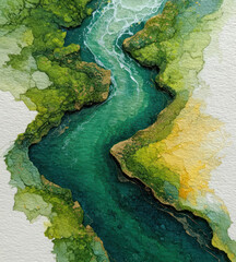 An abstract watercolor composition featuring a meandering stream, reminiscent of a river or strait, flowing between organic forms.  