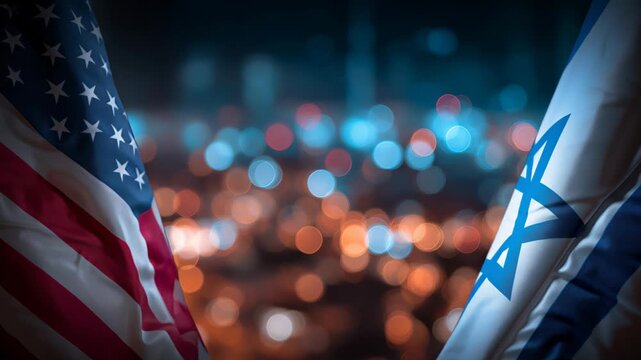Usa and israel flags unite in a vibrant night scene symbolizing strong diplomatic relations
