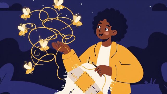 Enchanting Nighttime Sewing Session: A Person Creating Quilt With Fireflies Animation