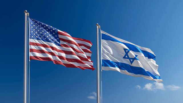 Flags of israel and usa flying together in unity outdoor setting symbolizing friendship and cooperation
