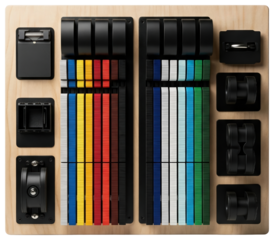 Wooden desktop accessory holder board with colorful bands isolated on a transparent background