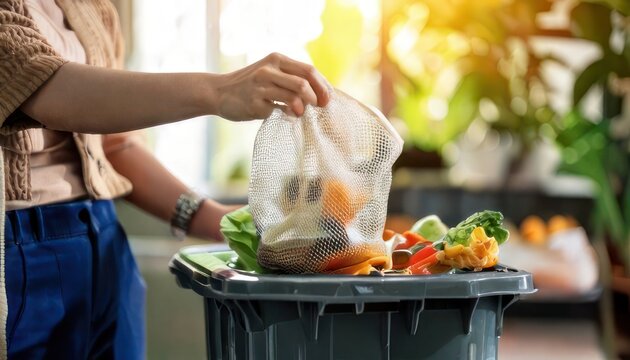 Person Discarding Food Waste into Trash Bin for Composting. - Powered by Adobe