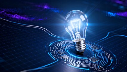 A bright glass lightbulb glows against a dark blue background as a powerful symbol of innovation, creativity, and a technological solution for a business idea