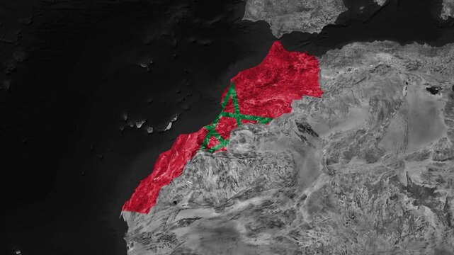 Zoom from Earth to Morocco. (Country Flag) Documentary dark map animation with highlighted country borders. 3d satellite world map animation highlights aerial views, tourism, and travel. 4k