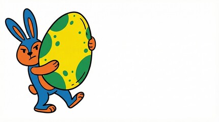 Cartoon rabbit carrying colorful Easter egg on white background  