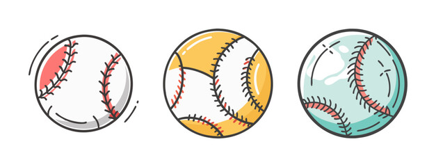 Assortment of stylized baseball icons in vibrant pastel colors, perfect for sports themes.