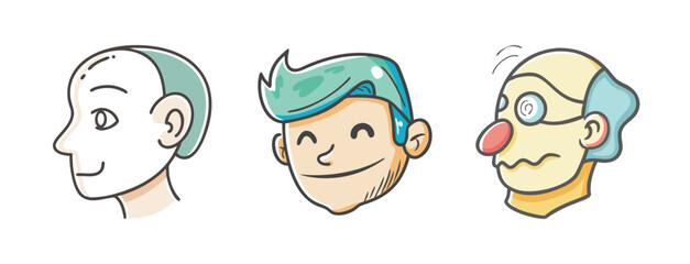 Fototapeta premium Character head icons, diverse faces, young man, old man, vector illustration