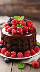 A decadent chocolate cake topped with fresh raspberries and blackberries.