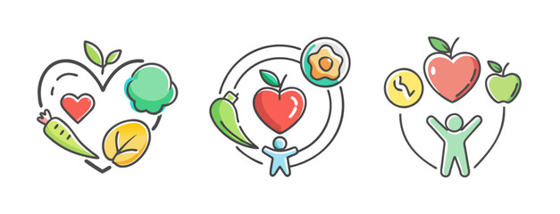 Fototapeta premium Healthy living icons, heart, person, fruits, vegetables, wellness symbols