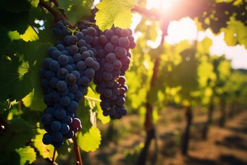 Naklejka premium Purple grapes ripening on vines under sunlight in a vineyard